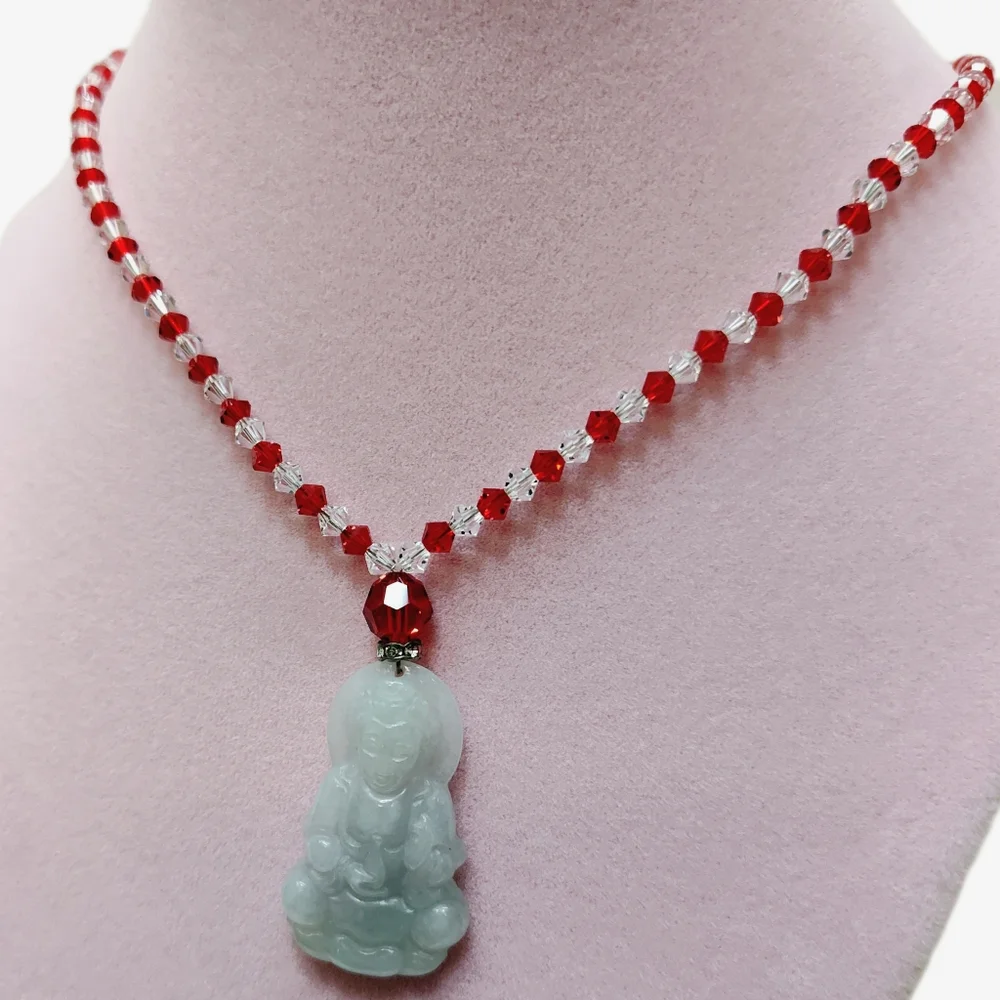 Vintage Carved Green Jadeite Gaunyin Pendant Necklace Red Clear Crystal Beads